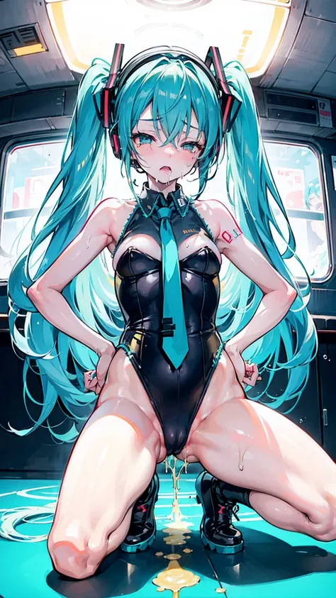 Hatsune Miku, playing American football on a train, practice running, collisions, shouting, nsfw,molestation ,Covering eyes Pose,1girl, (covering eyes:1.3), american football style, (nsfw), best quality, masterpiece,topless, thin, crying,screaming, (medium...