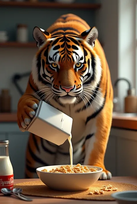 make a tiger throwing milk on the cereal