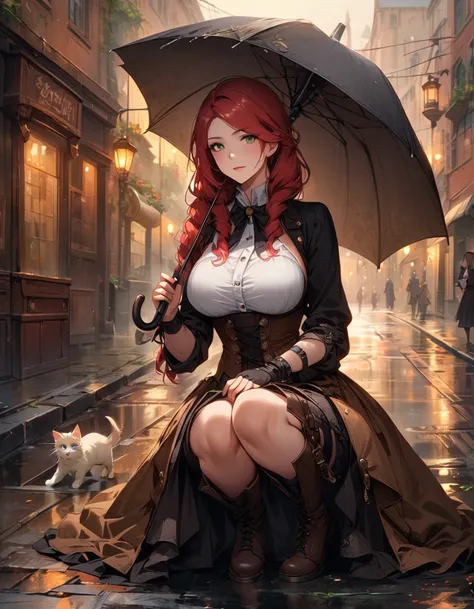 detailed textures, high quality, high resolution, high accuracy, realism, color correction, correct lighting settings, harmonious composition. Steampunk And a beautiful woman, Squatting in the rain, holding an umbrella, a box with a kitten under an umbrell...