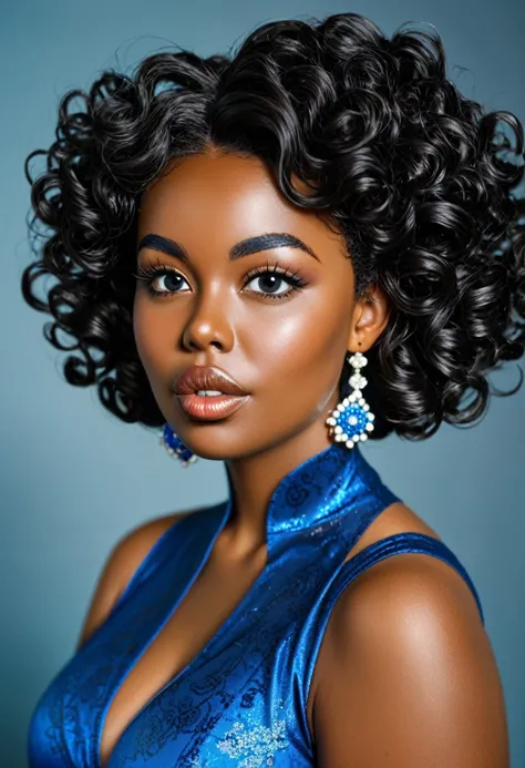 Image of a nineteen year old girl: She is a mulatta, She has dark skin, miniature face, big black doe eyes, Plump lips, thin eyebrows and sharp cheekbones. She has black curly hair. She is wearing a blue silk dress. The girl is incredibly beautiful.