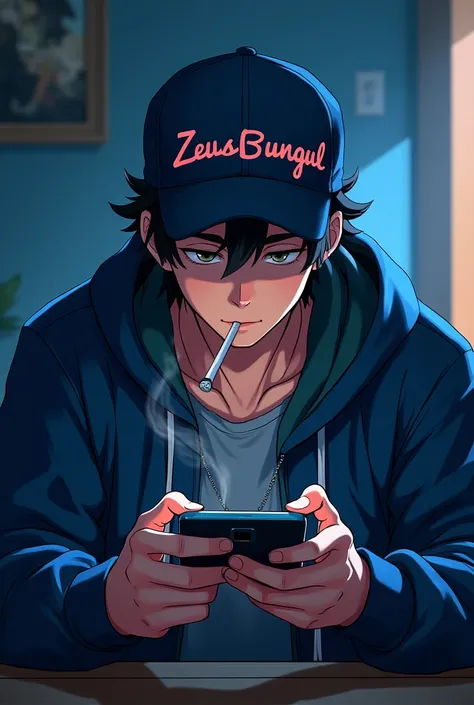 Anime gamer pria memainkan game di smartphone dengan mode landscape, sambil ngerokok, memakai topi dan jaket biru gelap dengan nama ZeusBungul