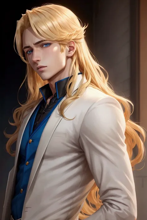 very realistic anime boy high definition a very handsome with golden hair with subtle waves blue eyes, he is very ashemed