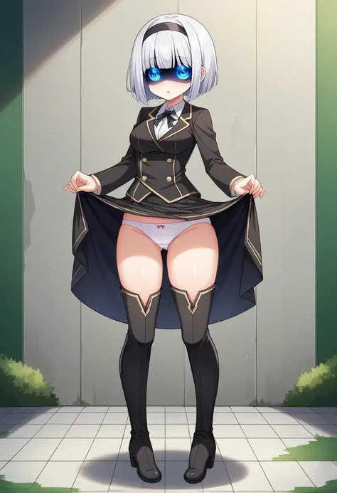 2b, 2b, (Black blindfold:1.5), black hairband, Blindfold, shairband, Short hair, White hair, (Covered eyes:1.7),Blake Black Skirt, black thighhighs, long boots, cleavage cutout, Clothes Cutout, shairband, high-heels, Long sleeves, robot, side slits, Skirt,...