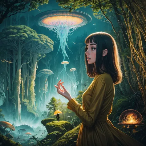 golden hour, paranormal activities, surreal portrait of a beautiful scared young woman with face of Audrey Hepburn morphed with Anne Hathaway screaming running away from taxes and dancing, colorful forrest with weird trees, log palace, gigantic jellyfish u...