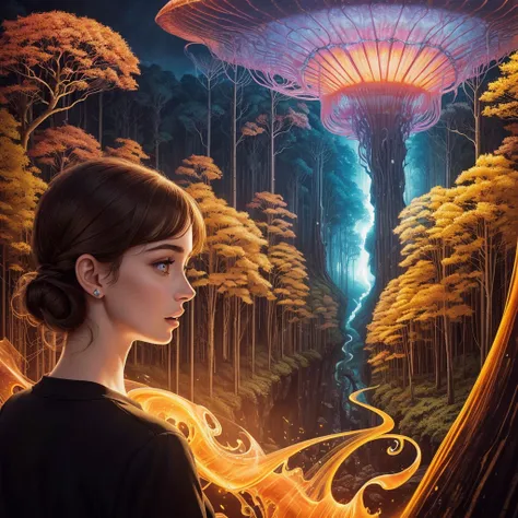 golden hour, paranormal activities, surreal portrait of a beautiful scared young woman with face of Audrey Hepburn morphed with Anne Hathaway screaming running away from taxes and dancing, colorful forrest with weird trees, log palace, gigantic jellyfish u...