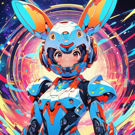 1girl, wink, short hair, dressed with futuristic suit, robotic rabbit ears ,v pose ,space in background, detail richness, master...