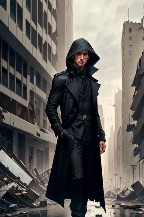 A man in a long black trench coat and a standing hood, in a destroyed city.