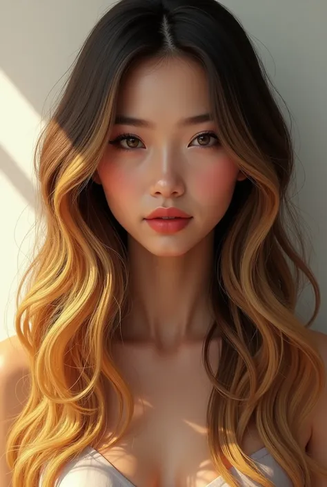 An ultra-realistic brunette girl with blonde wavy hair 