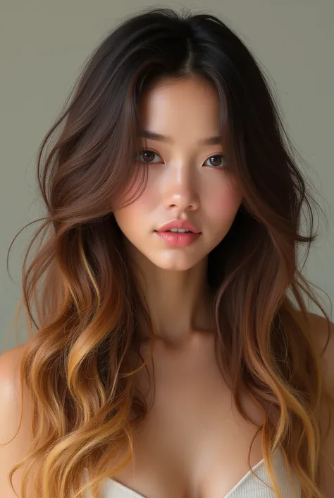 An ultra-realistic brunette girl with blonde wavy hair 