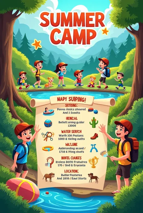  Crea un poster con la siguiente informacion:Sunny Adventures Summer Camp

Water Activities:
Schedule: 9:00 to 11:00 a.m.
Location: Main pool
Hiking and Excursions:
Schedule: 2:00 to 4:00 p.m.
Location: Nature trails
Sports Activities:
Schedule: 5:00 to 7:...