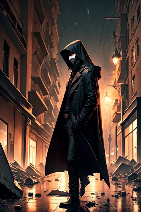 A man in a mask and long black trench coat and a standing hood, in a destroyed city at night