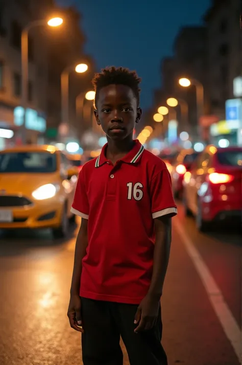 An African boy wearing a red shirt behind named Adolf heroin number 16 standing on the street at night while cars are moving 
