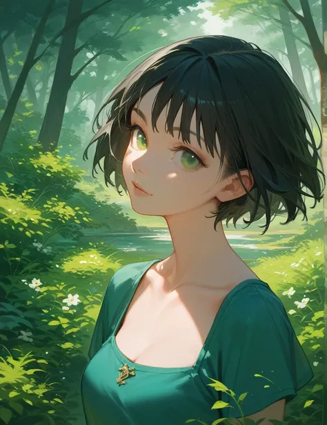 ((best quality)), ((masterpiece)), girl, solo, black hair, (((short hair))), green eyes, nature, posing
