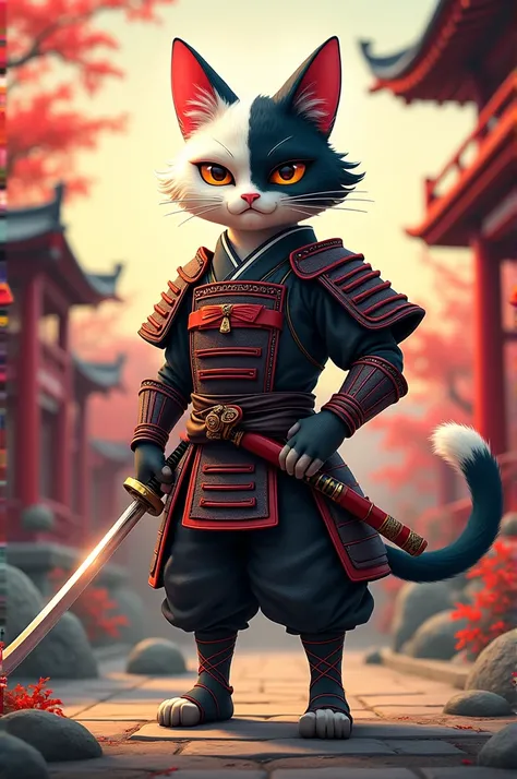 Animated samurai cat, biped, with yang and yang colored fur. 