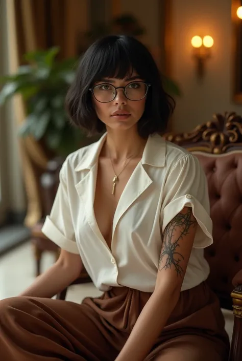 A Brazilian woman with a round face, short black hair, cat-eye round glasses, large brown eyes, and a branch tattoo on her arm, in a mansion., brown with a white short-sleeved blouse and wide-legged pants 