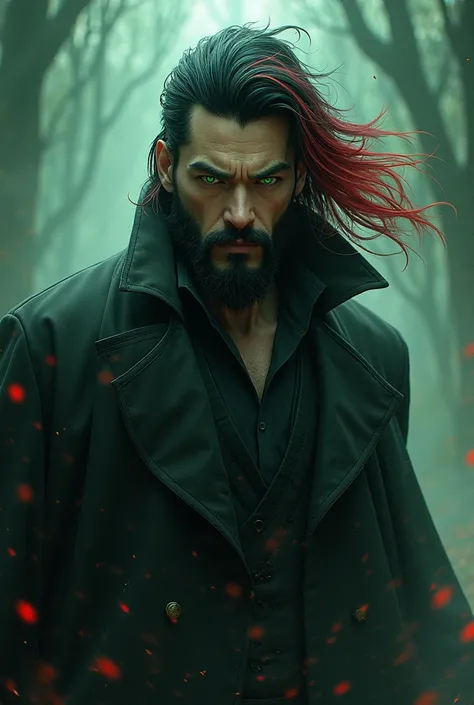 Tall Man, black hair with red streaks, emerald green eyes, with manwha style beard 