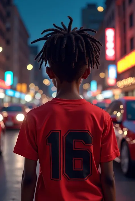 An African boy having dreads wearing a red shirt behind named Adolf heroin number 16 behind of the shirtstanding on the street at night while cars are moving 
