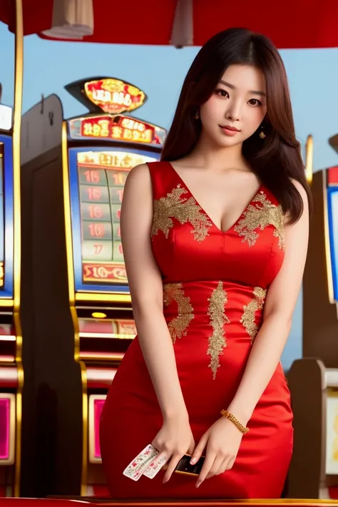 Cute and beautiful Asian adult girl "red and gold" Dress on the beach playing gambling machines