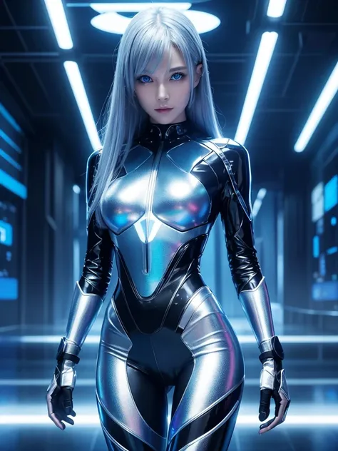 "Create an image of a beautiful AI woman with futuristic features. She has glowing blue eyes, metallic silver hair, and a smooth, synthetic skin with a soft, luminescent sheen. Her outfit is sleek and elegant, with a combination of high-tech materials like...