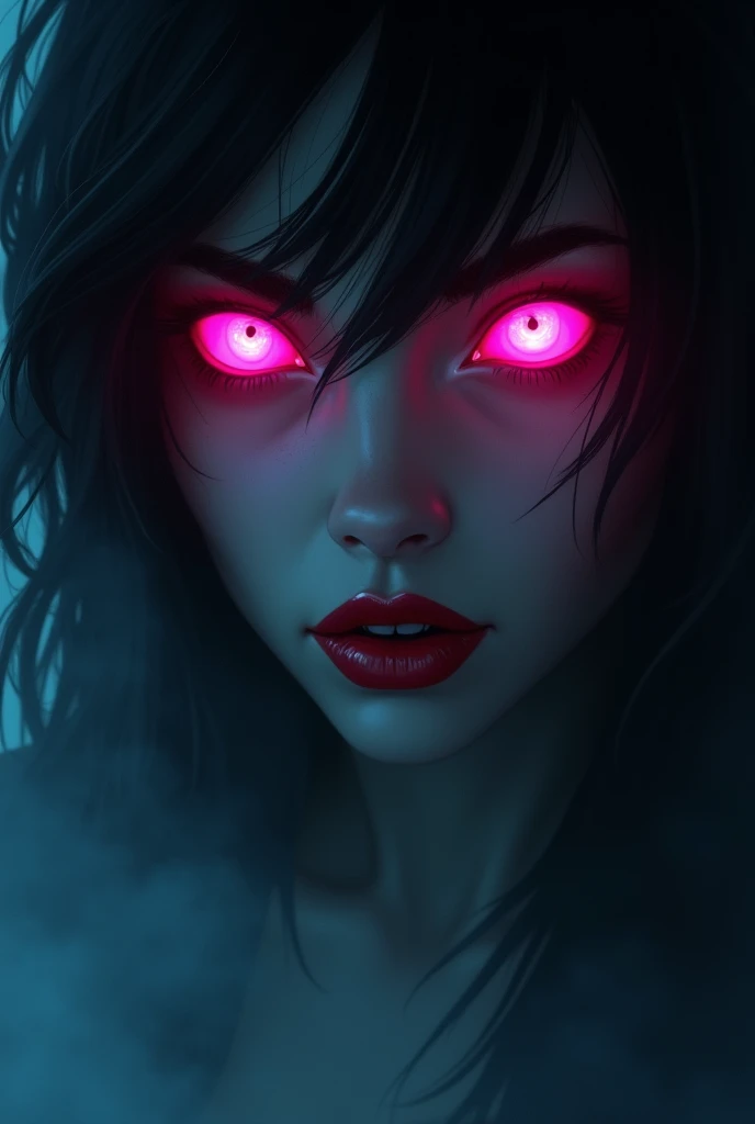 fantasy comic art ((a female vampires pair of glowing pink eyes shines)) close up picture, (((the fog hides the face))),  red lips, vampire fangs, you see only the glowing eyes , you see only the pair of eyes, fantasy dark alley background, the fog fills t...