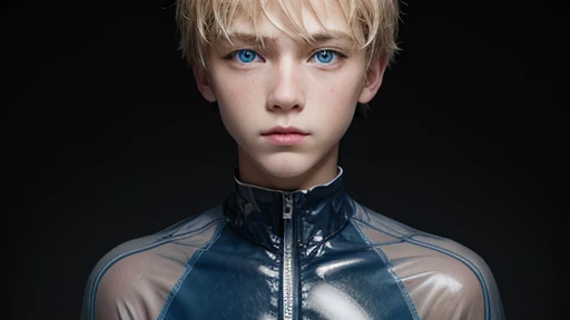 blond 11-year-old boy with blue eyes looks into the camera, boy with neutral face, transparent Catsuit, whole body view