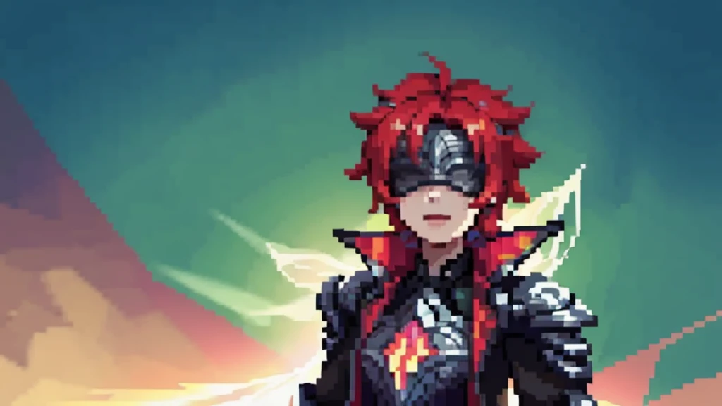 broken covenant riven, 1girl, covered eyes, jacket, armor, short hair, red hair, eclipse behind, black sky, serenous face,