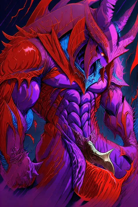 Red body,Blue hood,Slender and huge muscles,armor,Ready your spear,bulging muscles,Evil atmosphere,Huge penis,Possessed by a demon, losing sanity,Gritting your teeth,Sharp teeth,Purple glowing eyes,A gloomy aura