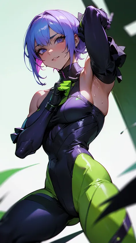 Muscle man,lime green outfit with violet,cyberpunk style,seductive pose,sweaty skin,white background with shadows,Unity 8k