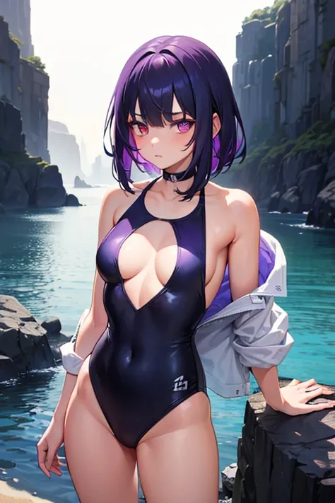 1 girl,standing,  shorth hair, dark purple hair, (heterochromic,rot&cerulean), swimsuit wear, looking ahead at viewer 