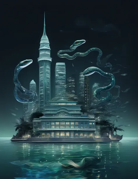 night,building,sea都市,little snake,transparent feathers,iridescent feathers,dark,sea