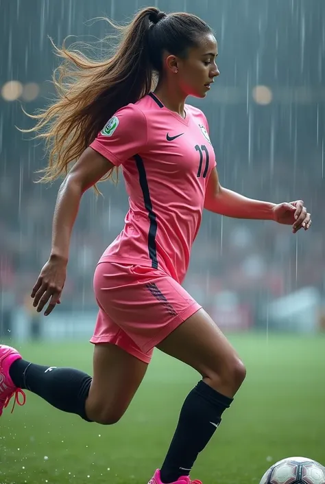 Beautiful women soccer in Nike uniform shorts pink Nike, black socks with shinguards, Pink soccer shoes adidas, ultra realistic in 8k, rainy, big, long brown hair, 