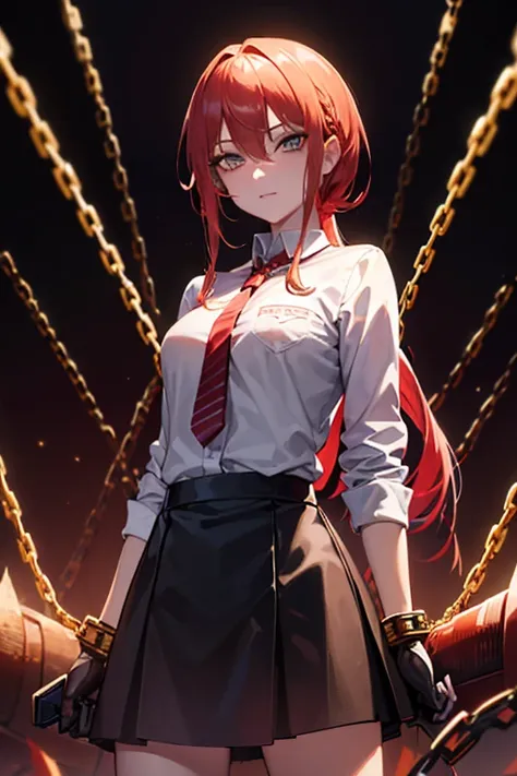 (work of art), (best qualityer), makima com cara de Taylor Swift (chainsaw man), best qualityer, 1 girl, standing alone, standing, Red hair, long braided hair, gold eyes, bangss, medium breasts, necktie, lookin, ssmile, (bad: 1.2), lookining at the viewer,...