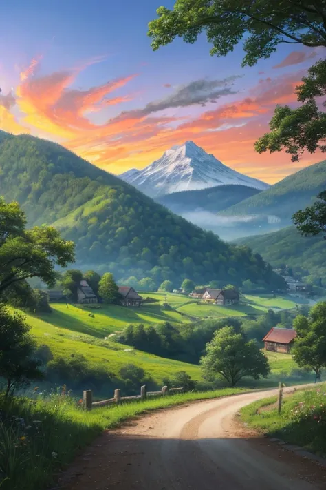 Landscape painting、Rural Scenery、Mountains in the distance、