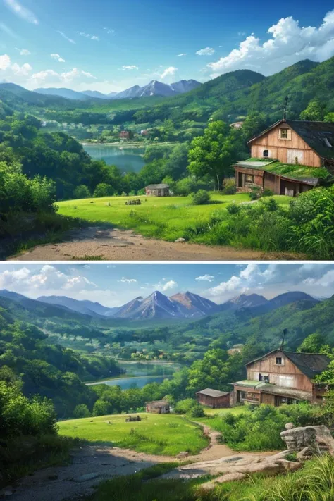 Landscape painting、Rural Scenery、Mountains in the distance、A school on a small hill、Nostalgic Memories、