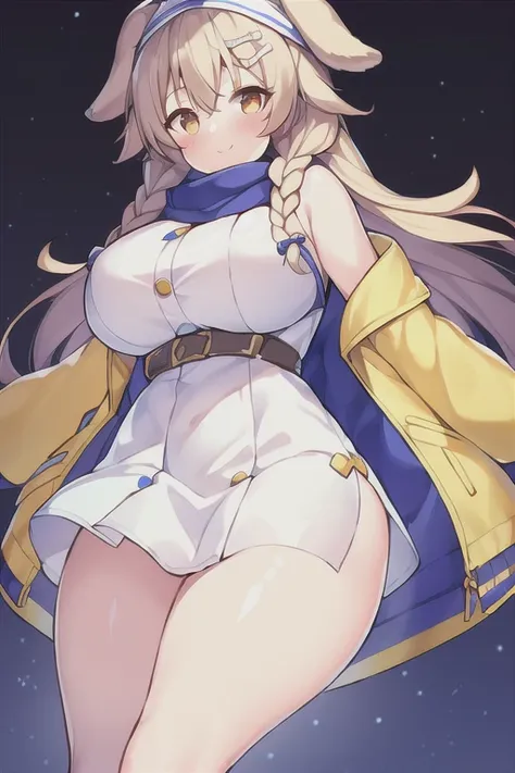 1girl, Korone, smile, dog ears, twin braids, sidelocks, hair ornament, ((white dress)), jacket, yellow jacket, jacket, open clothes, open jacket, dress, short dress, sleeveless dress, huge breasts, wide hips, thick thighs, tall, tall female, mature female,...