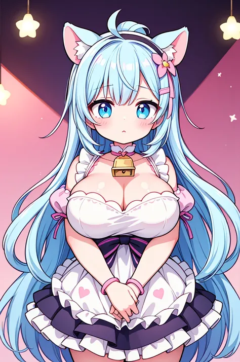 A masterpiece of a mature woman with big breasts, dressed in a pastel pink Japanese maid cafe outfit, with studio lights and beautiful shading, featuring kawaii elements like cow ears and pastel pink spots on ears, cute pastel colors, pastel blue rainbow h...