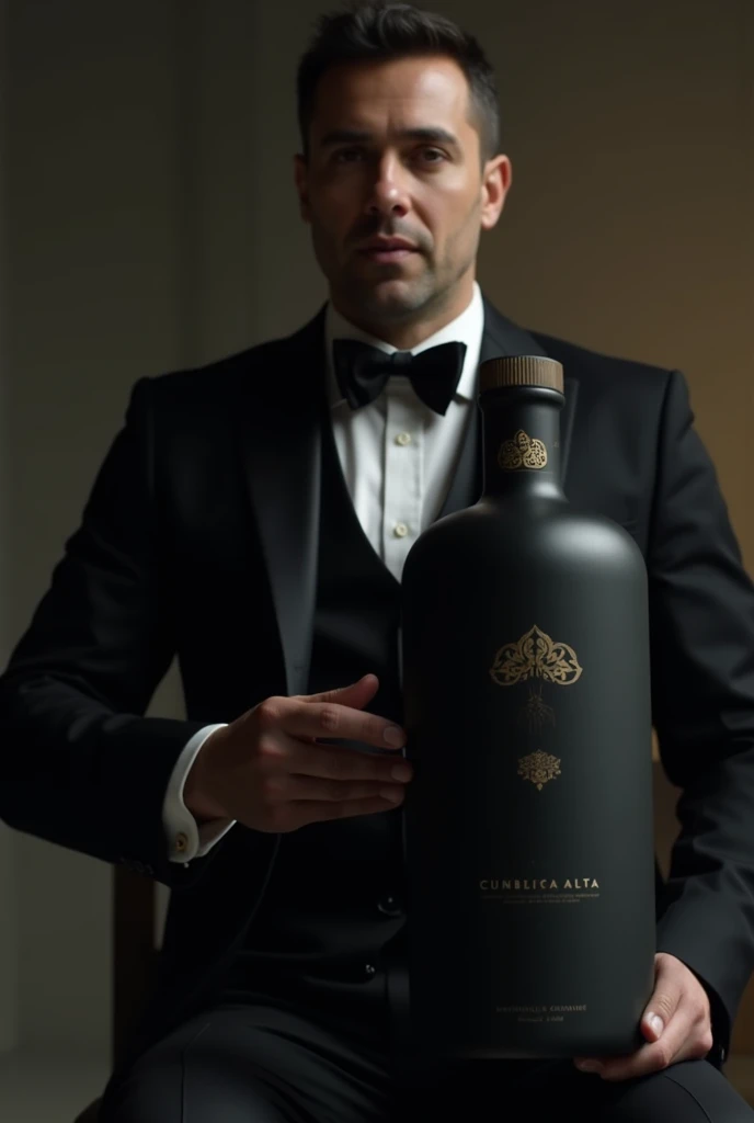 A commercial video for a black bottle of Mexican tequila called Cumbre Alta, announced by a musician.