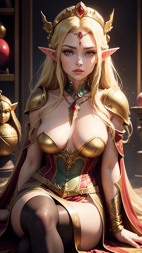 Woman, Linda, queen elf, greeneyes, long, straight, golden hair, a crown on top of her head, gold and ruby ornament on her forehead, bountiful breasts, RPG armor, RPG Clériga, elf ears, leather corset, long robe, jewels and ornaments at the waist, wearing ...