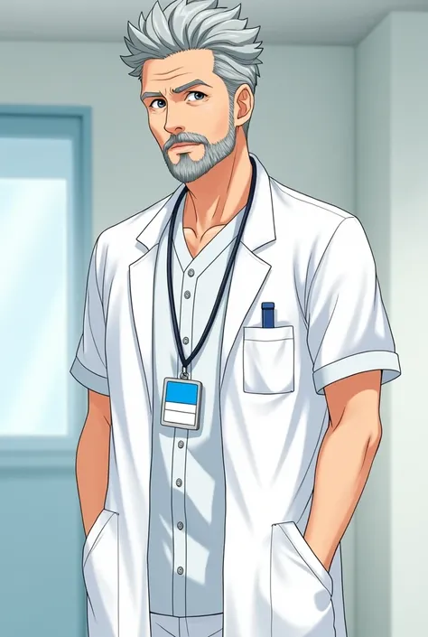 middle aged male doctor, gray short hair, facial hair, perfect symmetrical eyes, white doctors coat buttoned over white scrub, short sleeves, ID-badge (blue color at top, white color at bottom), neutral emotion, focus on face and upper torso, anime style