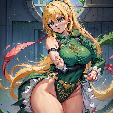 Anime Kawaii sexy Perfect Slim sensual body large breast and huge thighs, An intricate and highly detailed illustration of anime (Young girl). a young woman, beautiful, long straight hair with ponytail, blond hair, emerald green eyes, White skin, Detailed ...