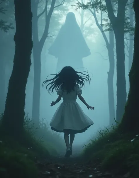 (Mysterious Fog), a beautiful young girl running through a mysterious, misty forest, japanese, long black Hair flowing behind her, huge white shadow is chasing the girl, (a beautiful and cute face even in the midst of fear and panic), detailed facial featu...