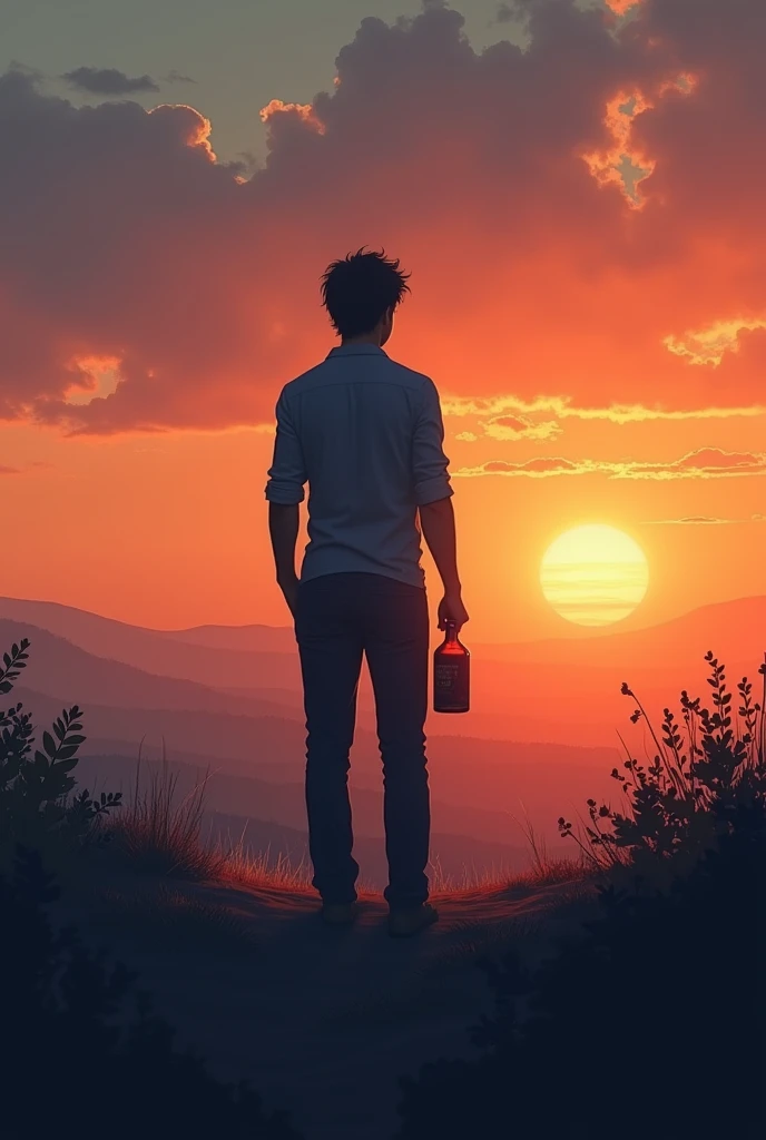 Person looking at the sunset with a bottle of alcohol