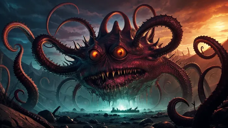 eldritch horror landscape with writhing flesh, all seeing eyes, toothy maws, lashing tentacles