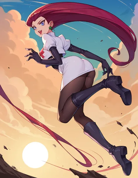 Jessie, team rocket, black  glossy Pantyhose, open legs, high boots, gloves, sun shiny day