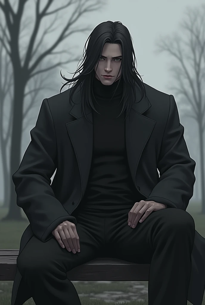  Realistic handsome tall muscular teen with long black hair , with black clothes and handsome , beardless with a grayish background, sad with his friends in the park talking
