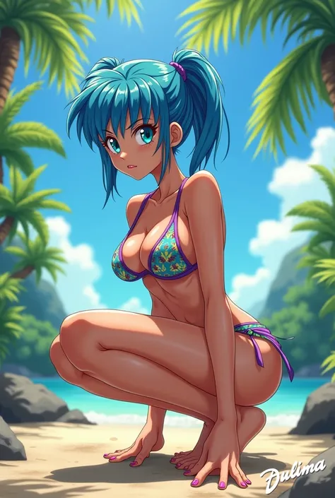 Bulma in bikini crouching
