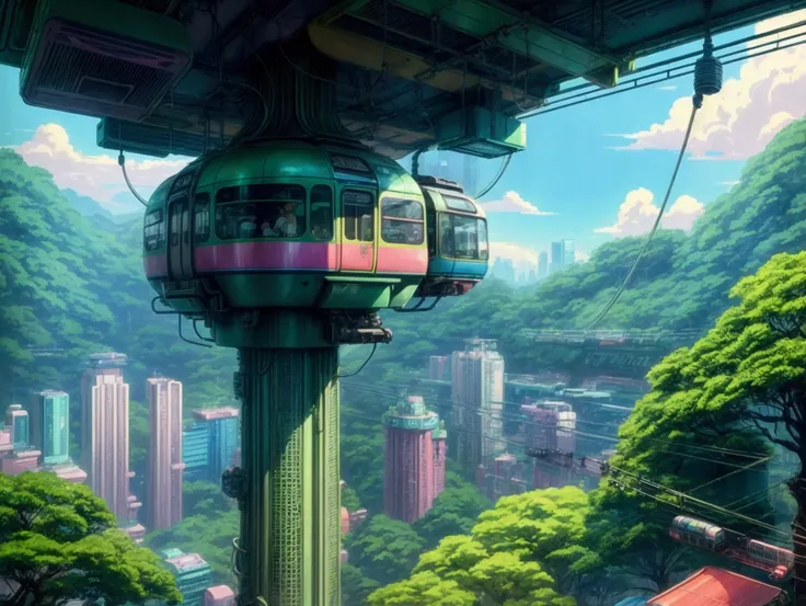 80s-inspired anime-style cityscape with a train and greenery, cyberpunk Tokyo, colorful and highly detailedFuturistic suspended cable car station on a mountain, surrounded by lush jungle trees, in the style of 90s anime with a touch of Studio Ghibli, vinta...