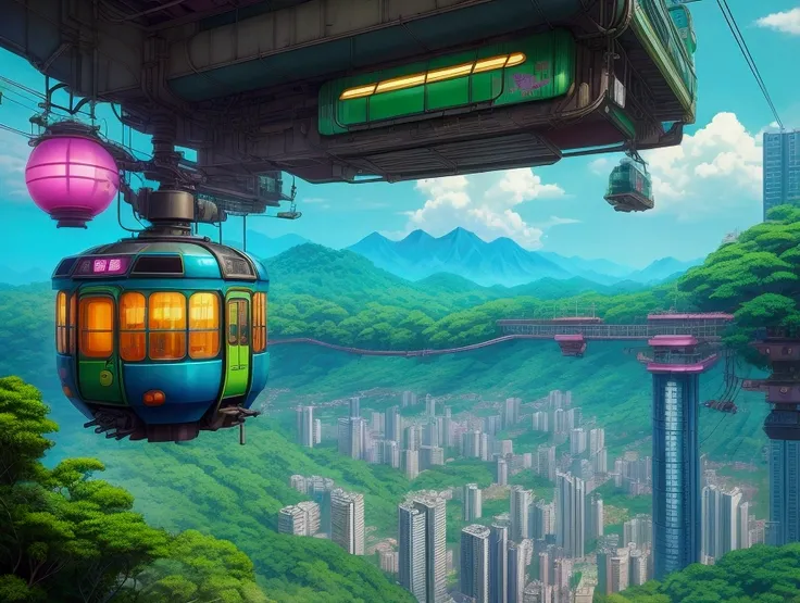 80s-inspired anime-style cityscape with a train and greenery, cyberpunk Tokyo, colorful and highly detailedFuturistic suspended cable car station on a mountain, surrounded by lush jungle trees, in the style of 90s anime with a touch of Studio Ghibli, vinta...