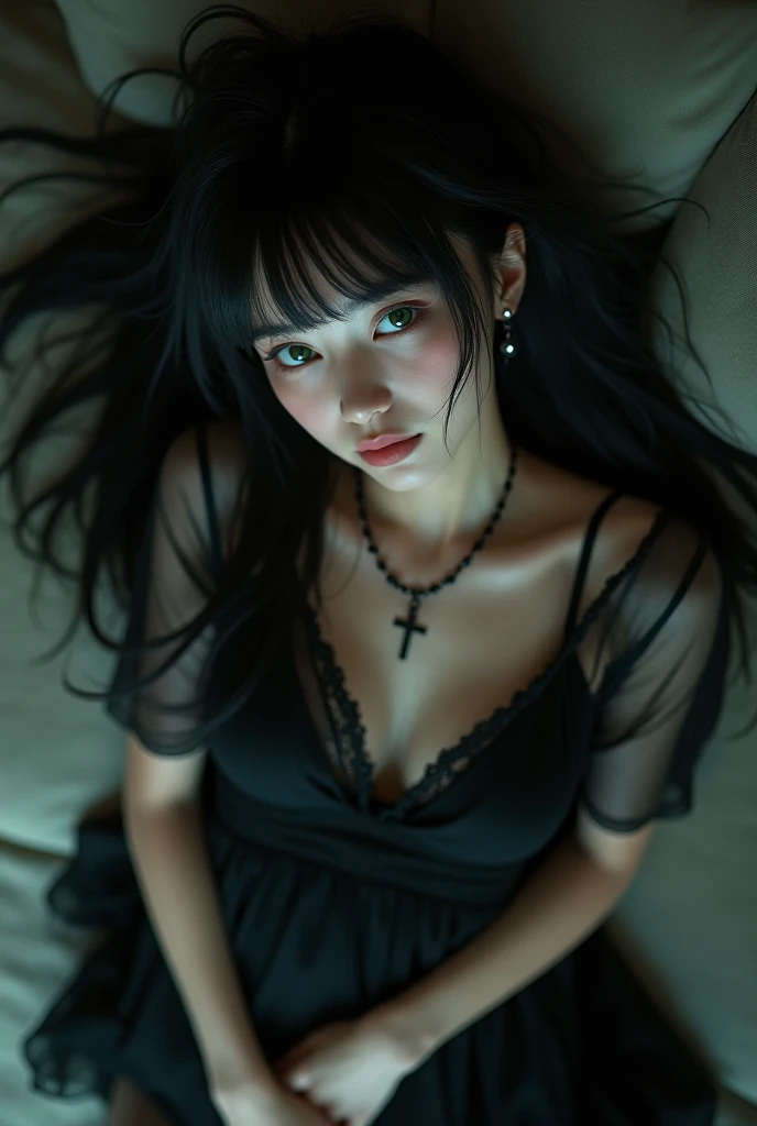 draw a girl with black long hair, dark green eyes, with a short straight fringe, with thin eyebrows and in a black transparent dress, a cross necklace around the neck. of European appearance, lying on the sofa, view from above, Feet visible