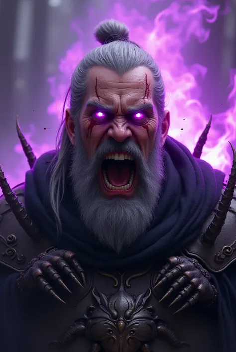 a 40 year old paladin, 1,88 tall, fair-skinned human, Long gray hair that is tied in a bun, he has a thick, gray beard. This warrior is clad in black armor, with arachnid details carved, this armor has a purple glow, emanating an evil presence. The Paladin...